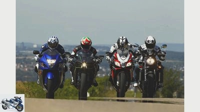 Suzuki Hayabusa, Kawasaki Ninja H2, Aprilia RSV4 RF and Yamaha Vmax in the test