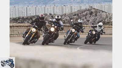 BMW R nineT, Moto Guzzi Griso 1200, Yamaha XJR 1300 and Honda CB 1100 in comparison