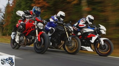 Triumph Street Triple R, Honda Hornet 600 and Ducati Monster 1100 Evo in the test