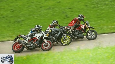 Ducati Hypermotard 939, Yamaha MT-09 and Aprilia Dorsoduro 900 in comparison test