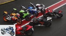 Aprilia RSV4 Factory, Ducati 1198S, Honda Fireblade, Kawasaki Ninja ZX-10R, KTM 1190 RC8 R, Suzuki GSX-R 1000, Yamaha YZF-R1