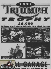 The complete range of Triumphs in 1991 on the brochure of the Ideal Garage in Birmingham.